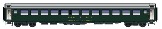 Carrozza 2´cl RIC B 5005 12 comp, verde, tetto alluminio, SBB ep.III