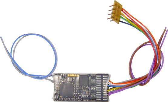 Sound-Decoder  -  30 x 15 x 4 mm  -  Audio 3 W (4 Ohm)  -  1,2 A  -  9 FA, 8-pol Schnittstelle NEM652 an Drähten, 5 freie Drähte