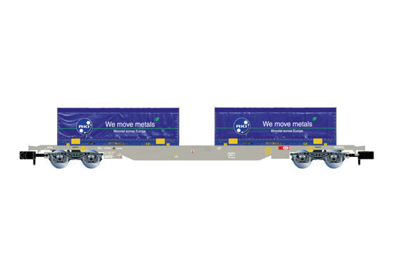 4-achsiger Containertragwagen mit 2x blau 22´ coil Container RHEINKRAFT